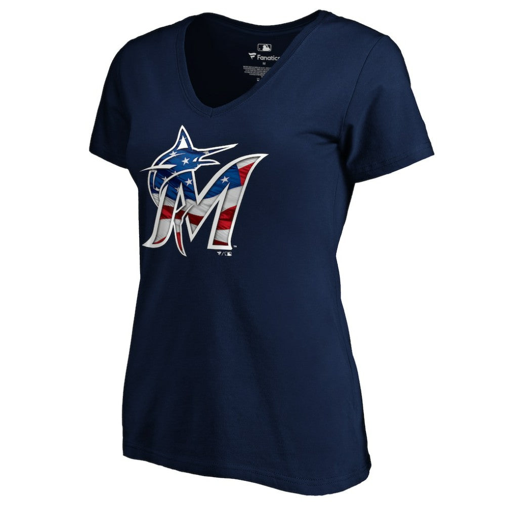 Miami Marlins Logo Women's Banner Wave V-Neck T-Shirt - MLB T-shirts