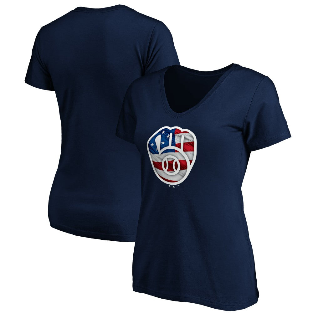 Milwaukee Brewers Logo Women's Banner Wave V-Neck T-Shirt - MLB T-shirts