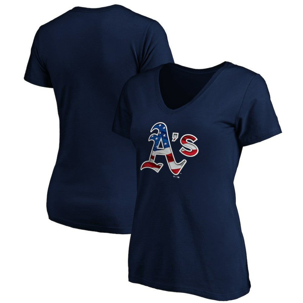 Athletics Logo Women's Banner Wave V-Neck T-Shirt - MLB T-shirts