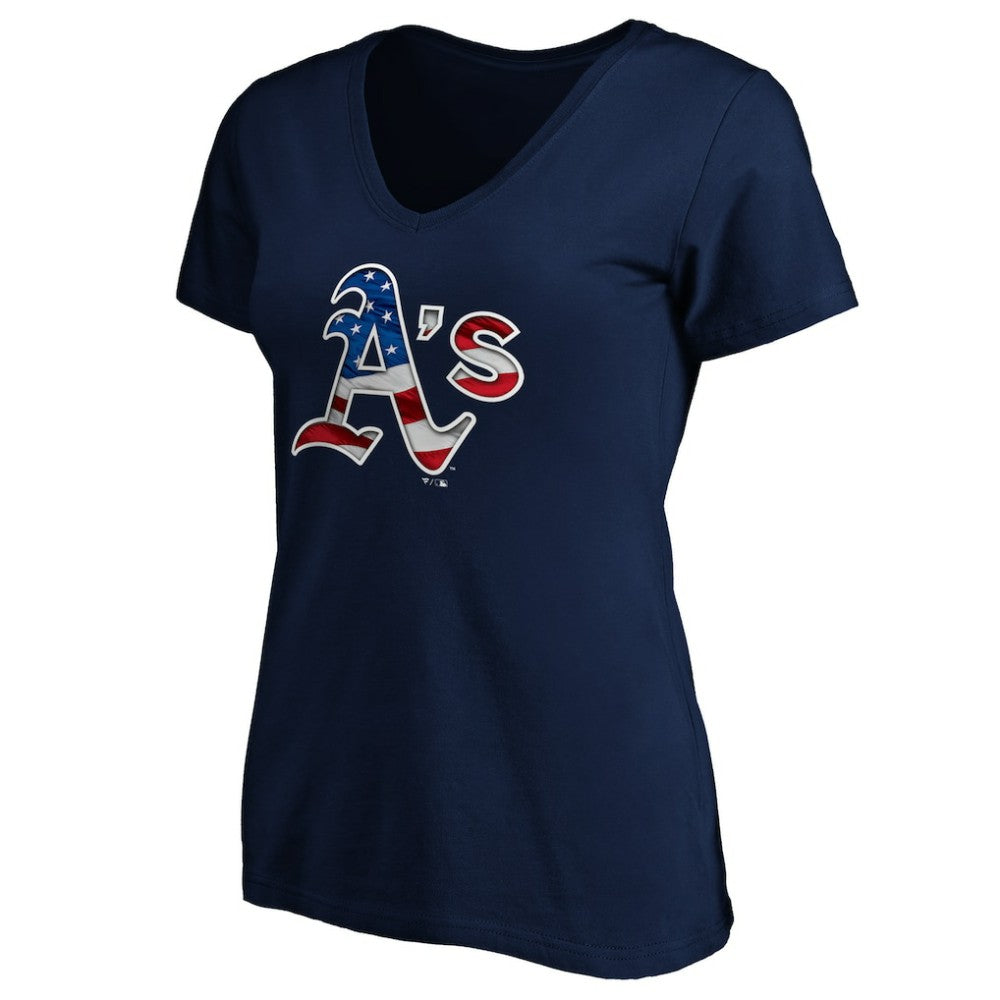 Athletics Logo Women's Banner Wave V-Neck T-Shirt - MLB T-shirts