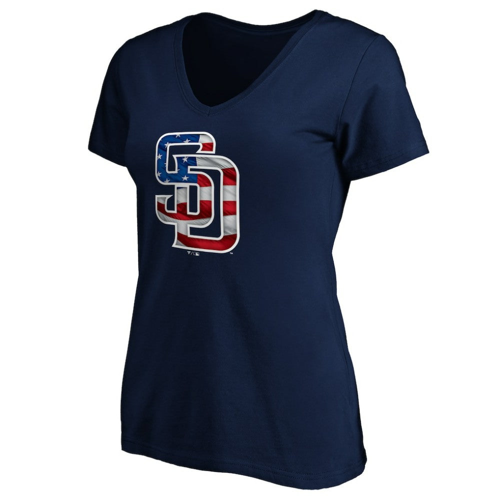 San Diego Padres Logo Women's Banner Wave V-Neck T-Shirt - MLB T-shirts