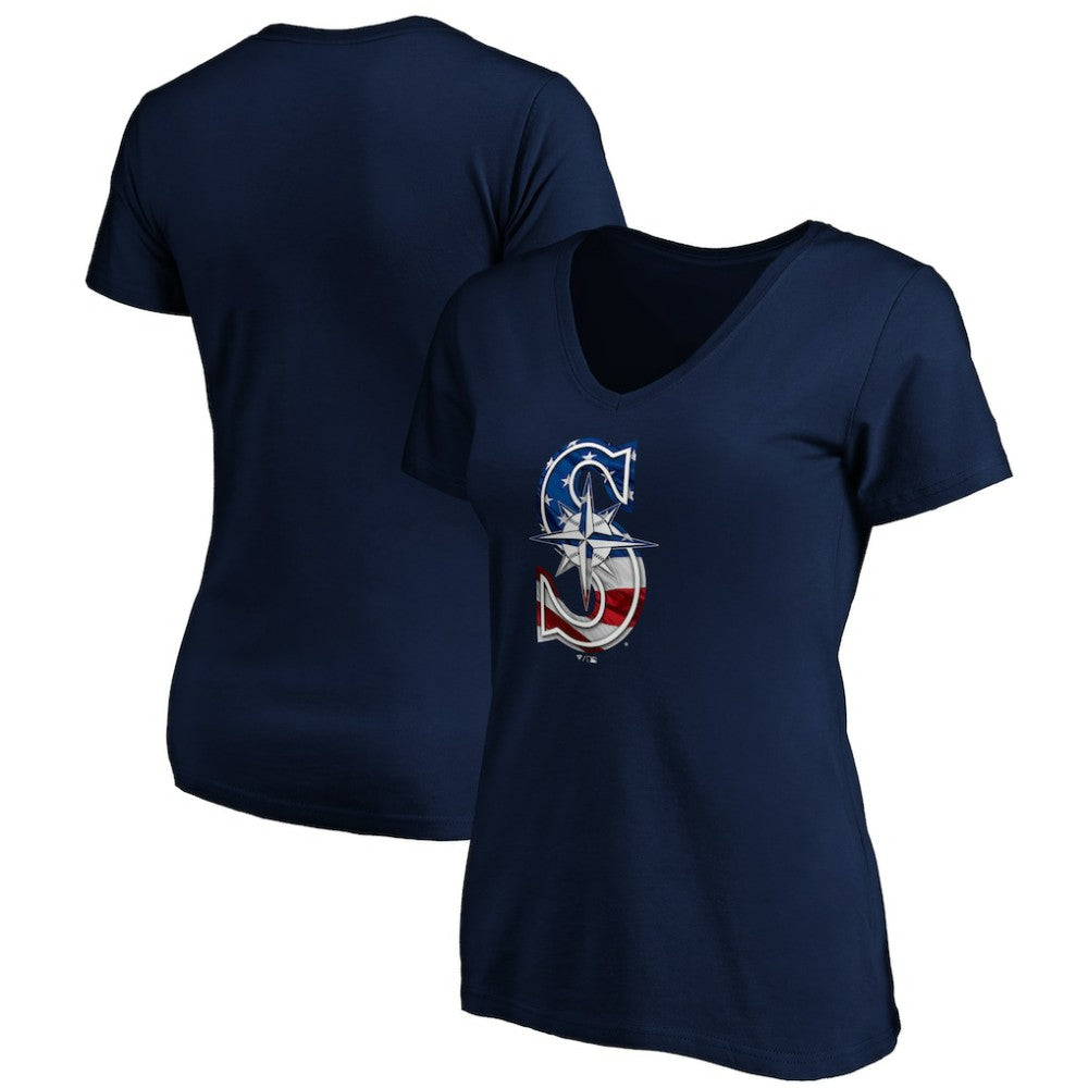 Seattle Mariners Logo Women's Banner Wave V-Neck T-Shirt - MLB T-shirts