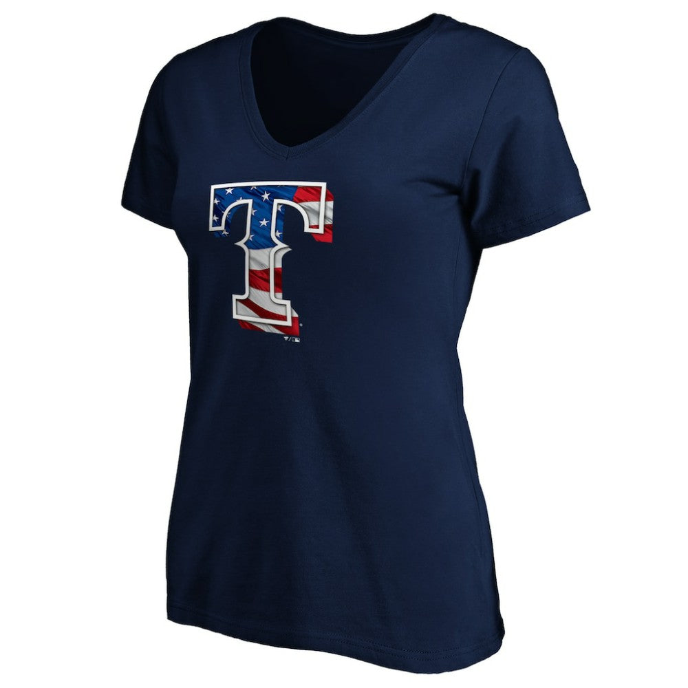Texas Rangers Logo Women's Banner Wave V-Neck T-Shirt - MLB T-shirts