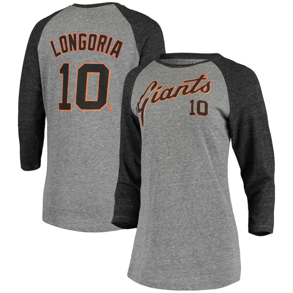 Evan Longoria San Francisco Giants 5th & Ocean by New Era Women's Script Name & Number Raglan Tri-Blend 3/4-Sleeve T-Shirt - MLB T-shirts