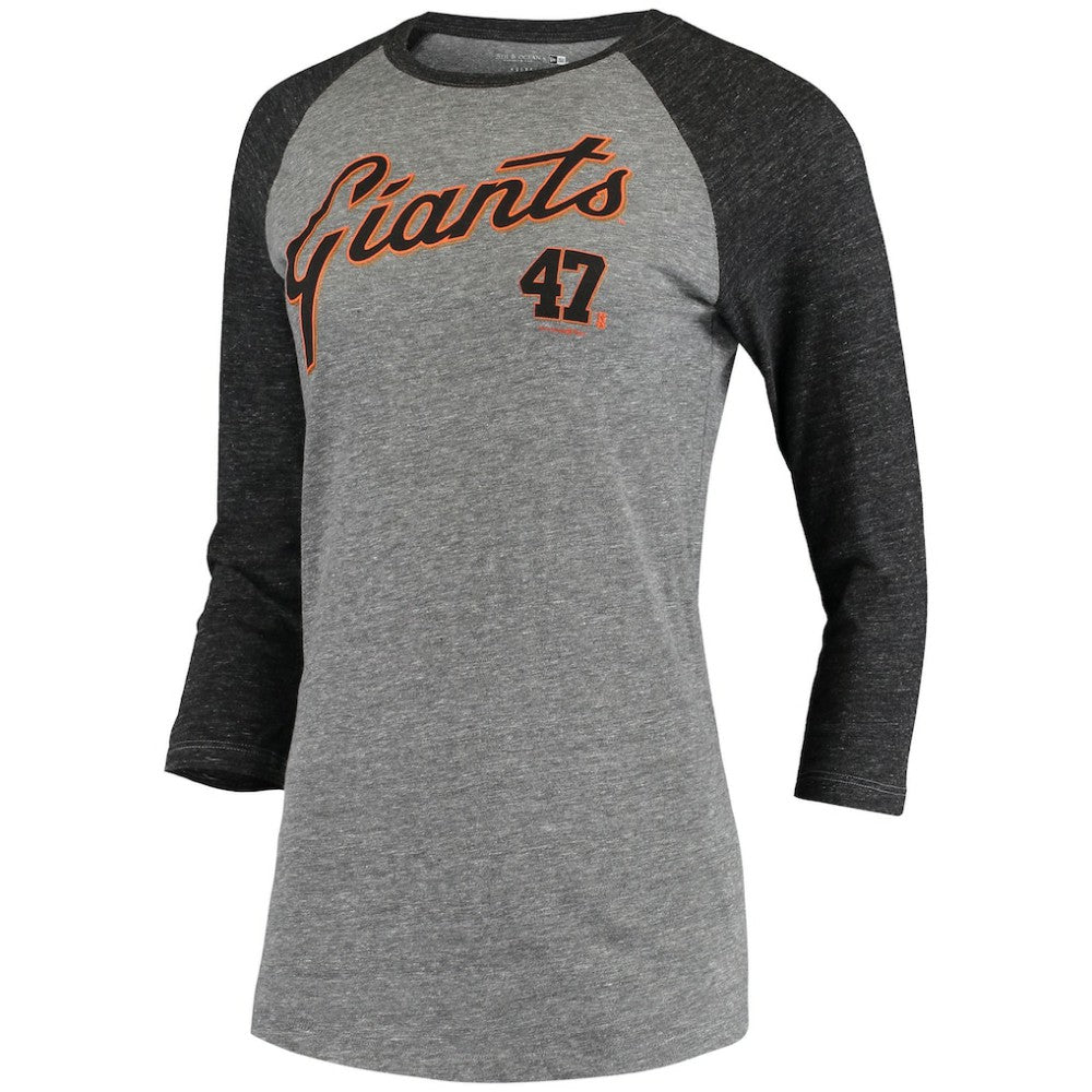 Johnny Cueto San Francisco Giants 5th & Ocean by New Era Women's Script Name & Number Raglan Tri-Blend 3/4-Sleeve T-Shirt - MLB T-shirts