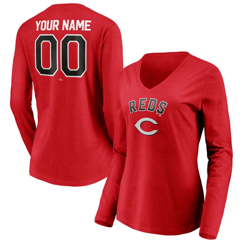 Cincinnati Reds Women's Personalized Winning Streak Name & Number Long Sleeve V-Neck T-Shirt - MLB T-shirts