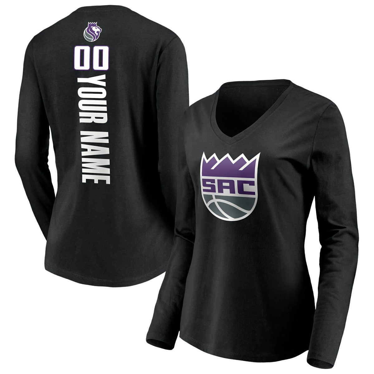 Black Sacramento Kings Women's Playmaker Personalized Name & Number Long Sleeve V-Neck T-Shirt | NBA