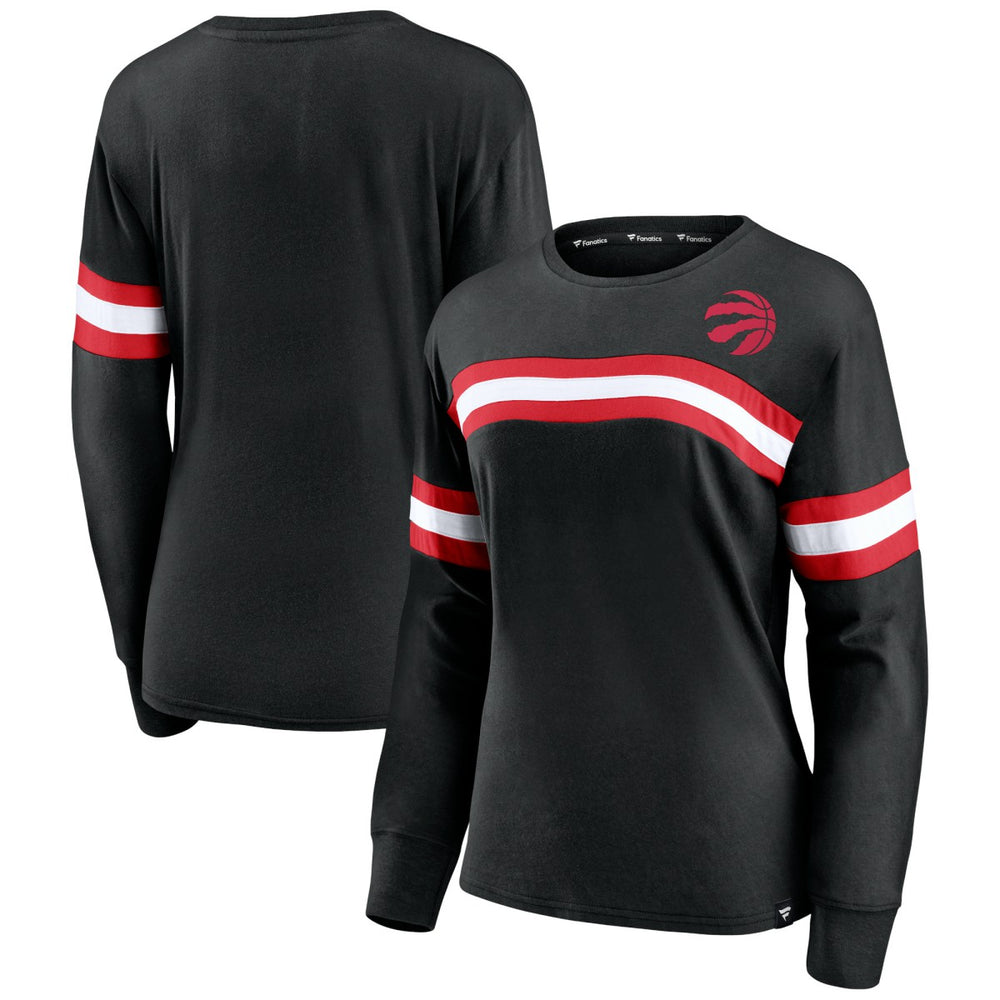 Black Toronto Raptors Women's Block Party Chest Logo Striped Long Sleeve T-Shirt | NBA