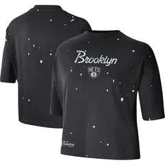 Black Brooklyn Nets Women's Courtside Splatter Cropped T-Shirt | NBA