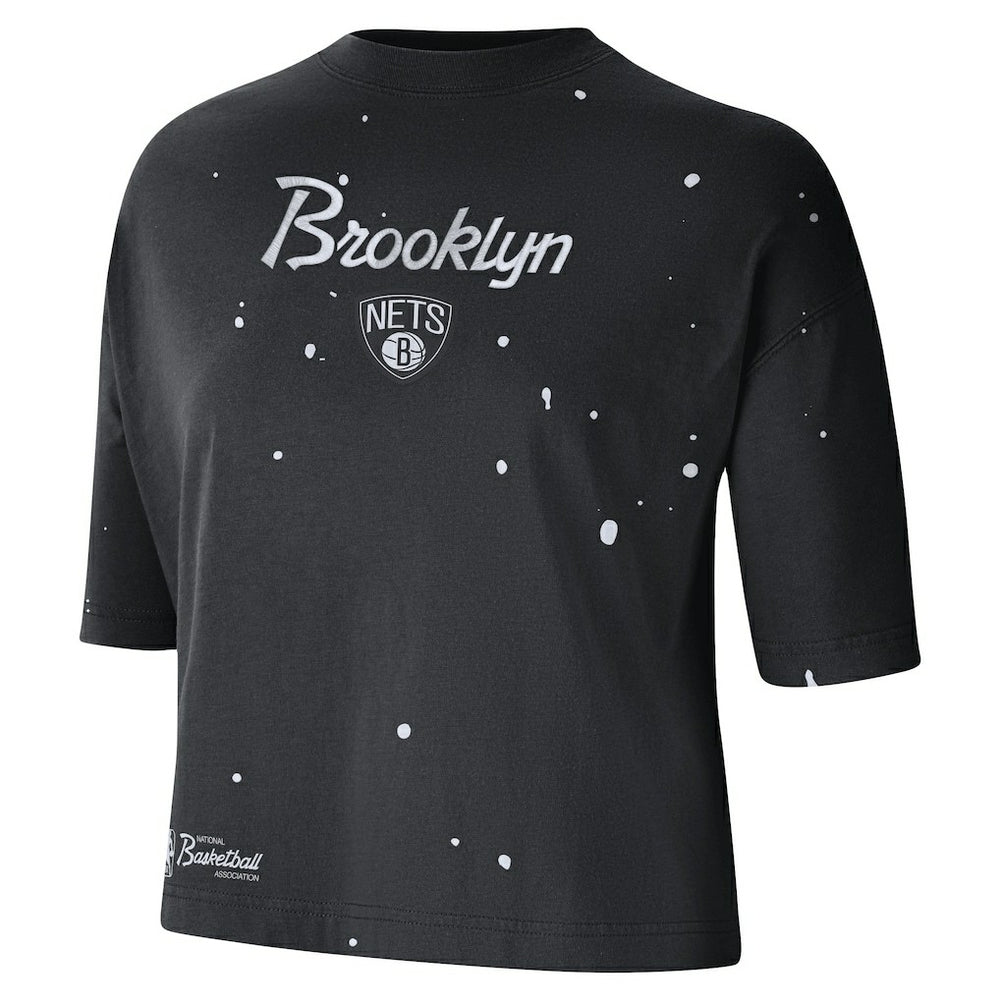 Black Brooklyn Nets Women's Courtside Splatter Cropped T-Shirt | NBA
