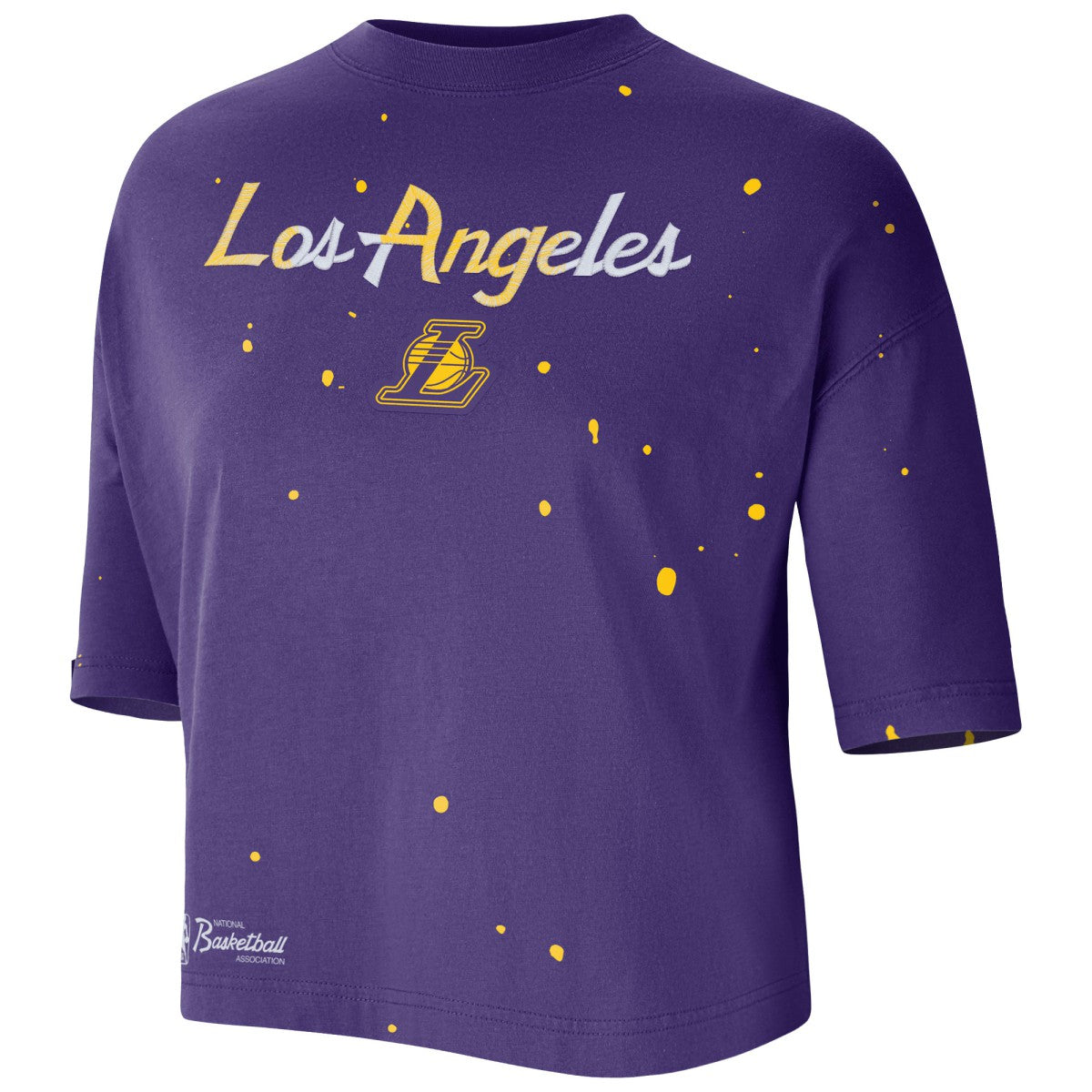 Purple Los Angeles Lakers Women's Courtside Splatter Cropped T-Shirt | NBA