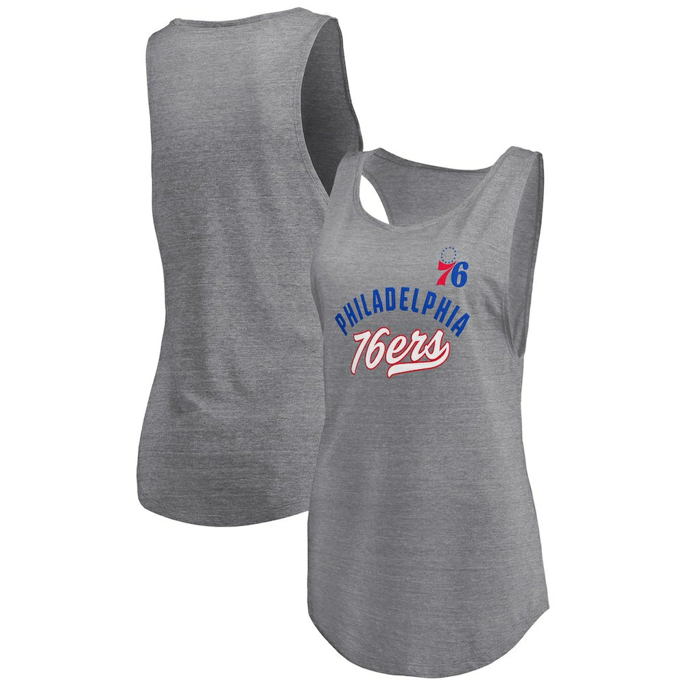 Heathered Gray Philadelphia 76ers Women's Quality Time Open Scoop Neck Tri-Blend Tank Top | NBA
