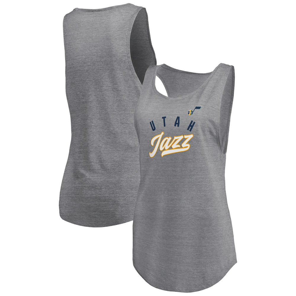 Heathered Gray Utah Jazz Women's Quality Time Open Scoop Neck Tri-Blend Tank Top | NBA