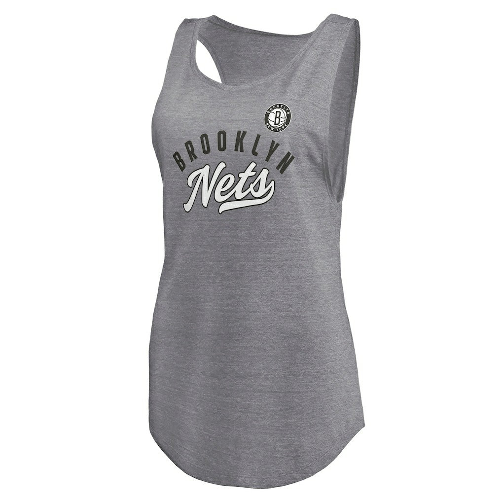 Heathered Gray Brooklyn Nets Women's Quality Time Open Scoop Neck Tri-Blend Tank Top | NBA