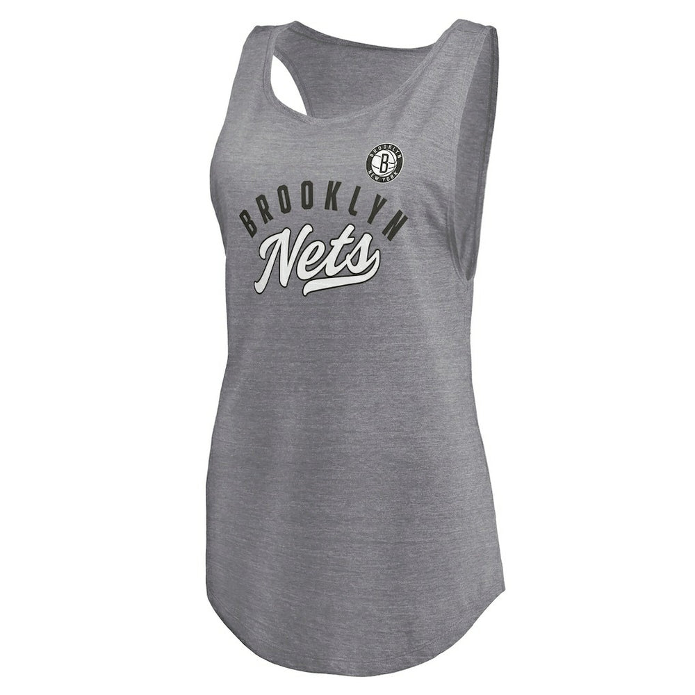 Heathered Gray Brooklyn Nets Women's Quality Time Open Scoop Neck Tri-Blend Tank Top | NBA