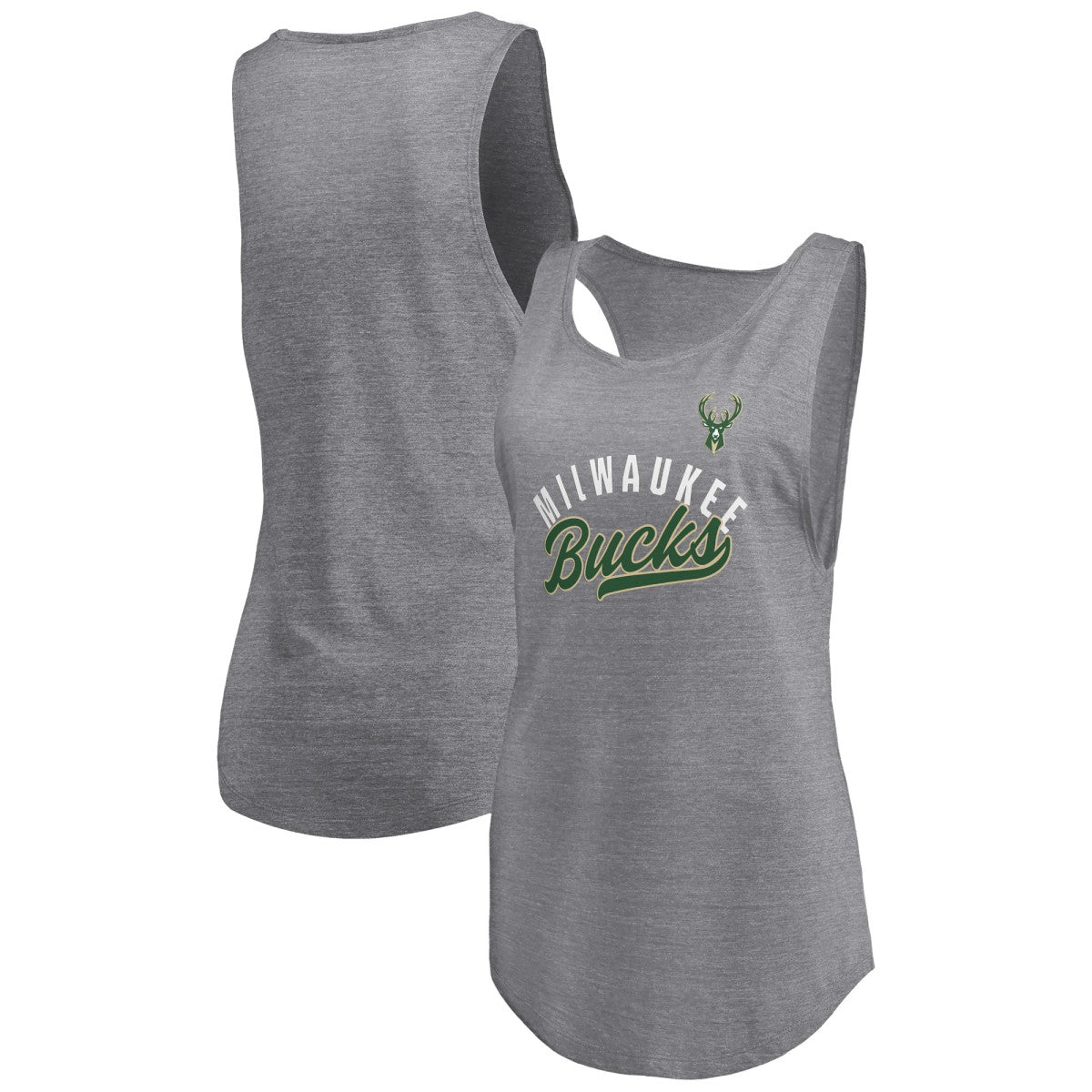Heathered Gray Milwaukee Bucks Women's Quality Time Open Scoop Neck Tri-Blend Tank Top | NBA