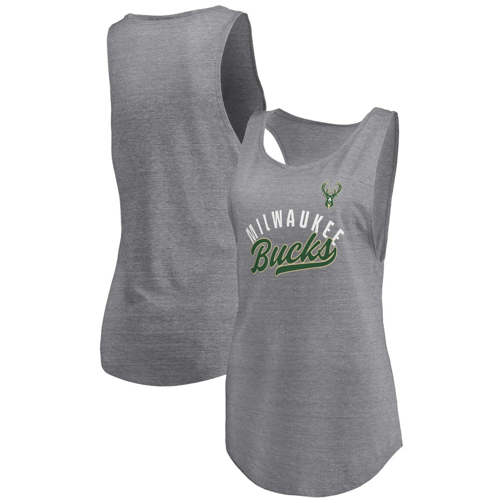 Heathered Gray Milwaukee Bucks Women's Quality Time Open Scoop Neck Tri-Blend Tank Top | NBA