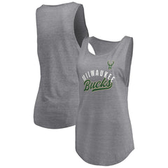 Heathered Gray Milwaukee Bucks Women's Quality Time Open Scoop Neck Tri-Blend Tank Top | NBA