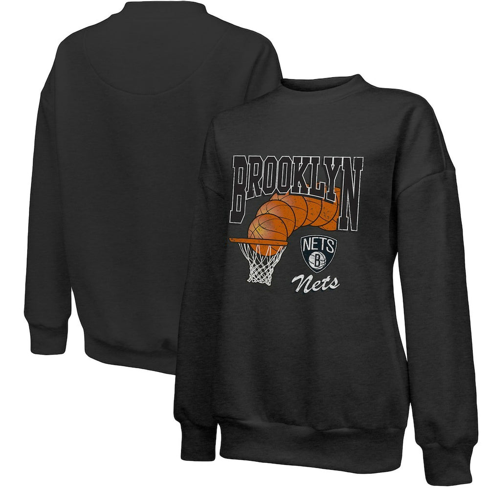 Black Brooklyn Nets Majestic Threads Women's Bank Shot Pullover Tri-Blend Sweatshirt | NBA