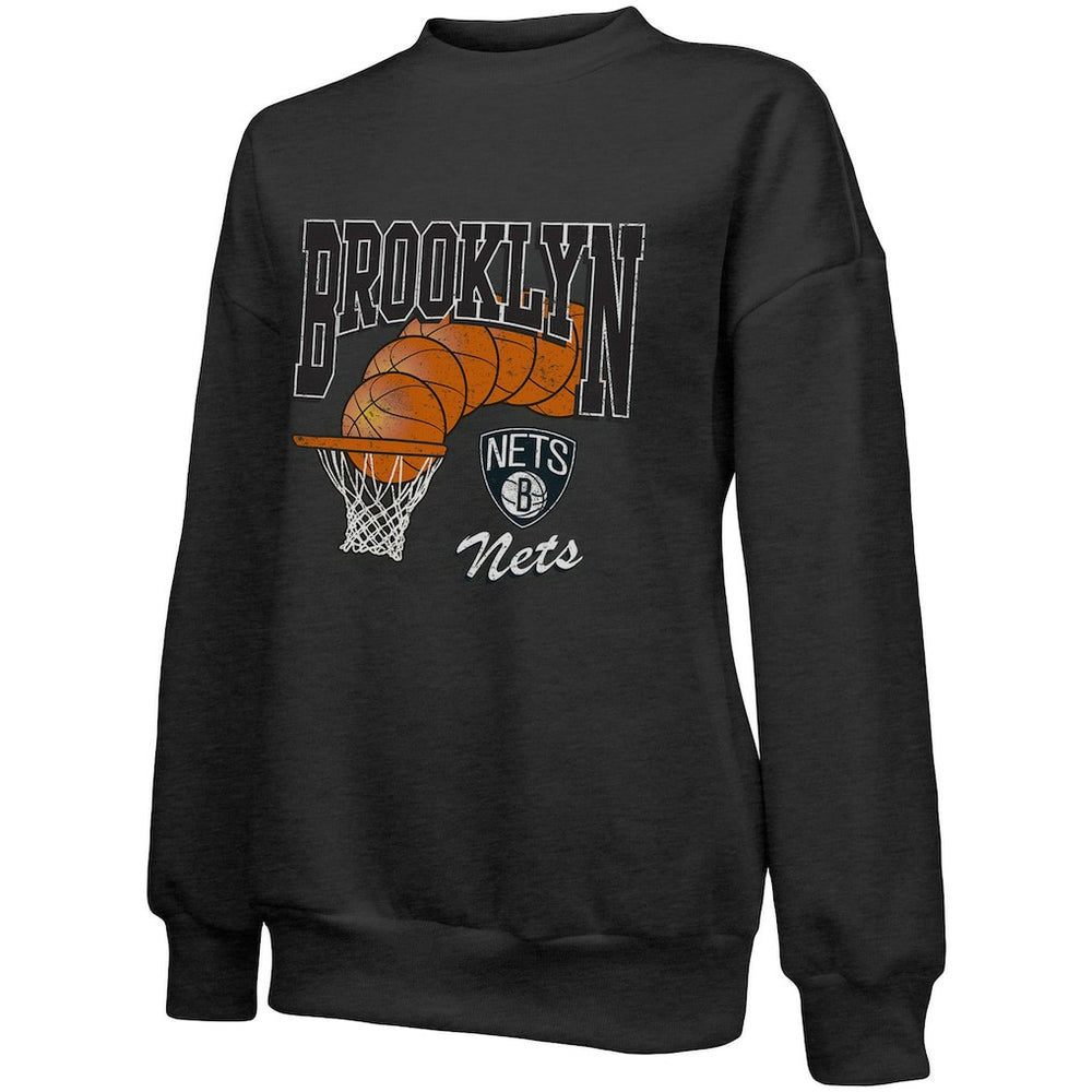 Black Brooklyn Nets Majestic Threads Women's Bank Shot Pullover Tri-Blend Sweatshirt | NBA