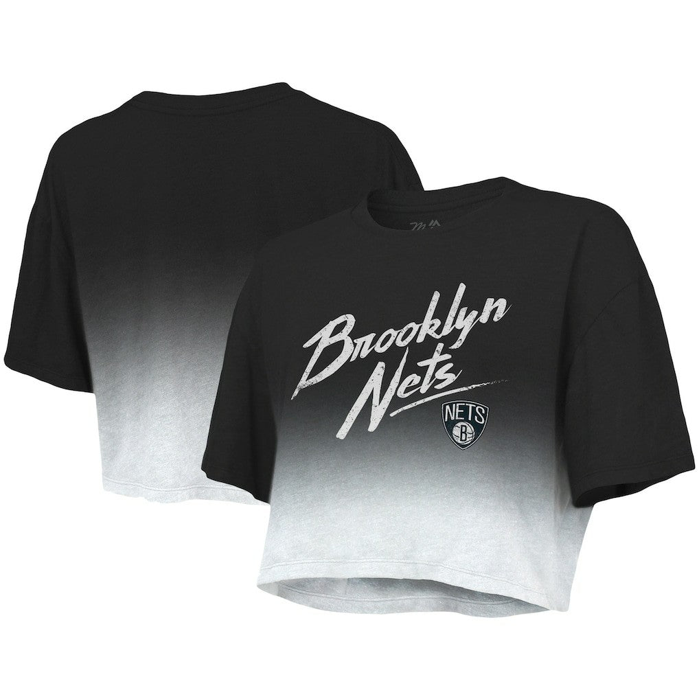 Black/White Brooklyn Nets Majestic Threads Women's Dirty Dribble Tri-Blend Cropped T-Shirt | NBA