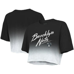 Black/White Brooklyn Nets Majestic Threads Women's Dirty Dribble Tri-Blend Cropped T-Shirt | NBA