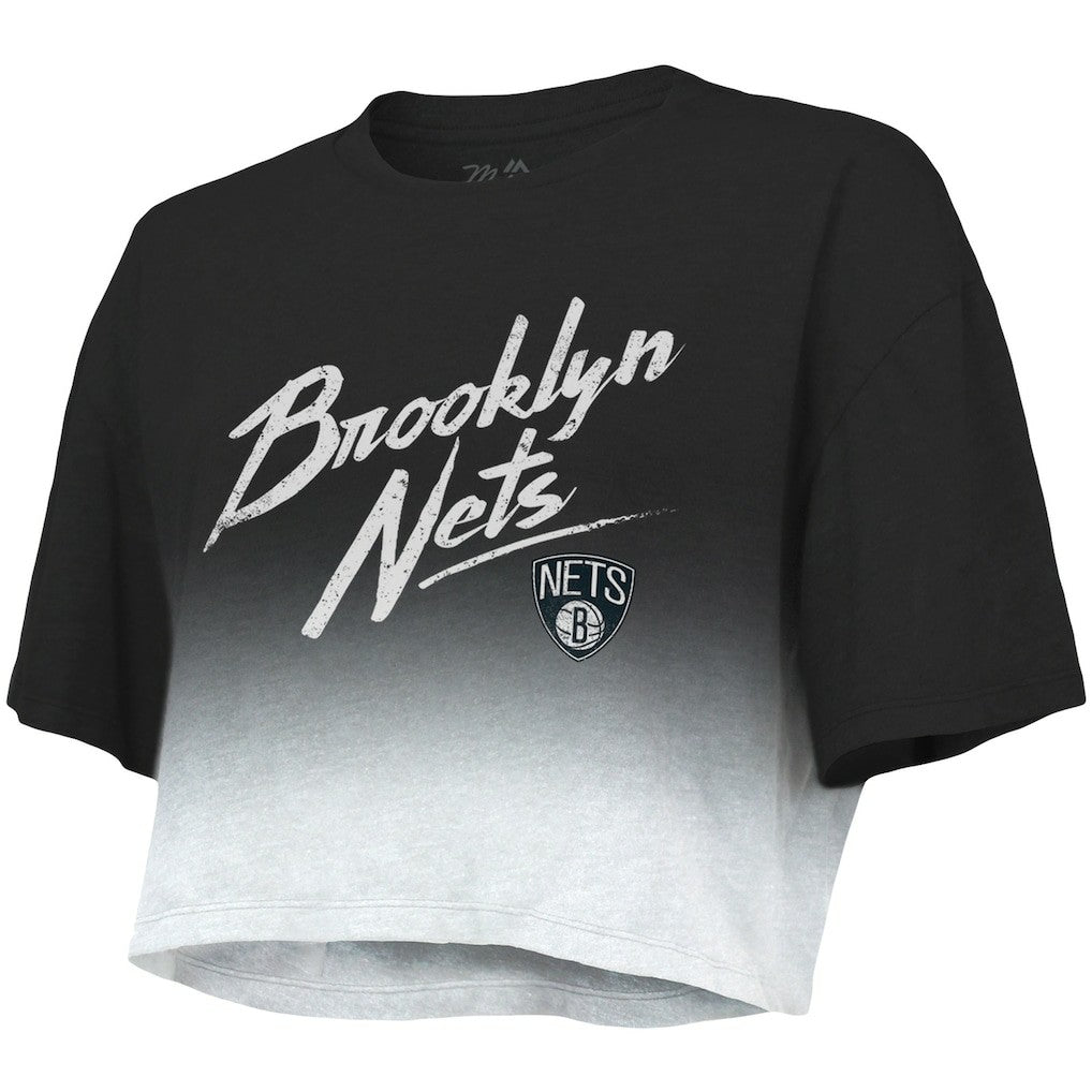 Black/White Brooklyn Nets Majestic Threads Women's Dirty Dribble Tri-Blend Cropped T-Shirt | NBA