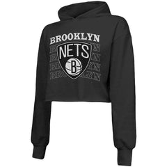 Black Brooklyn Nets Majestic Threads Women's Repeat Cropped Tri-Blend Pullover Hoodie | NBA
