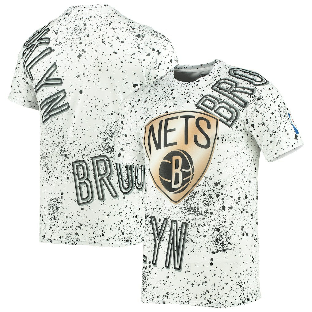 White Brooklyn Nets FISLL Gold Foil Splatter Print T-Shirt | NBA