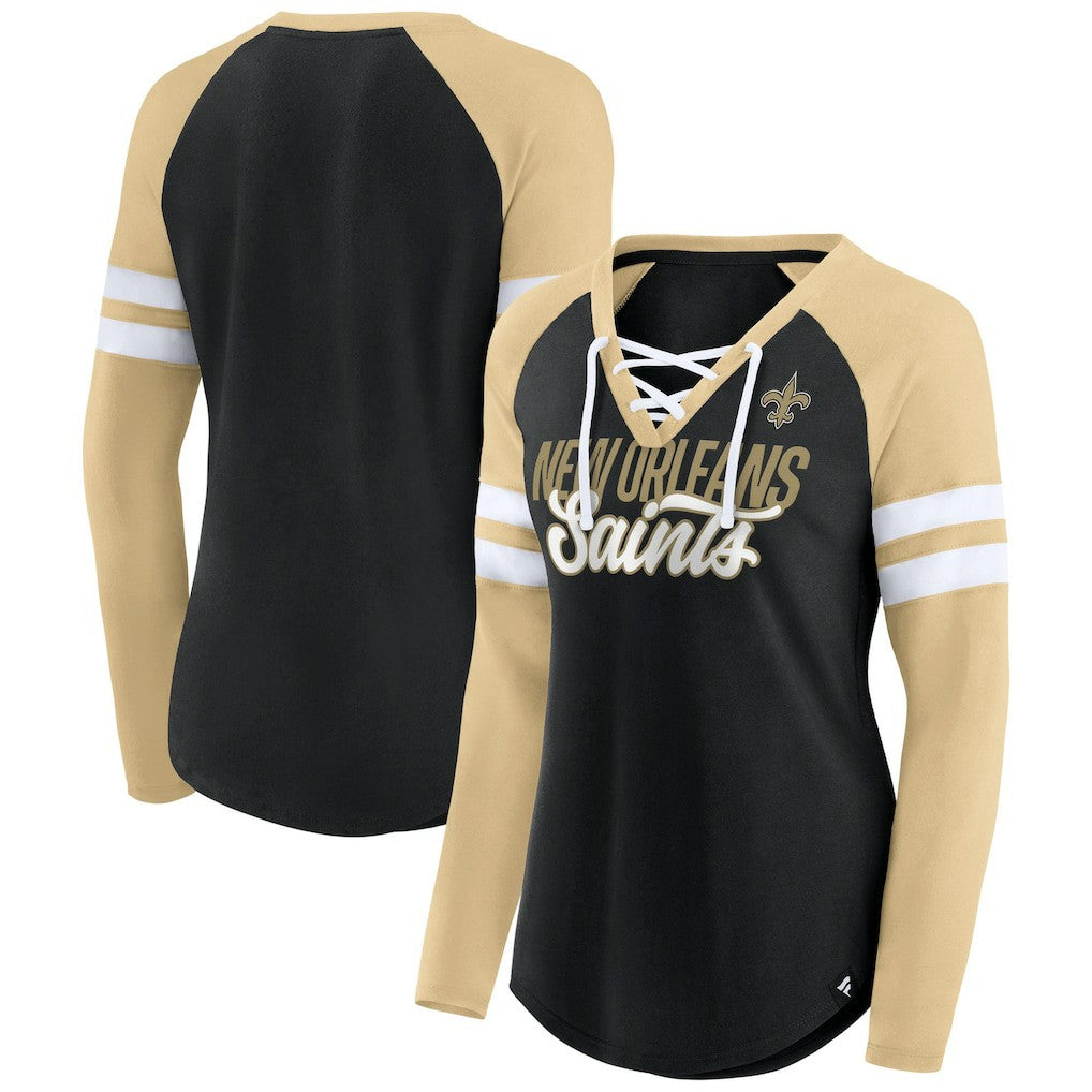 New Orleans Saints Women's True to Form Raglan Lace-Up V-Neck Long Sleeve T-Shirt | NFL New