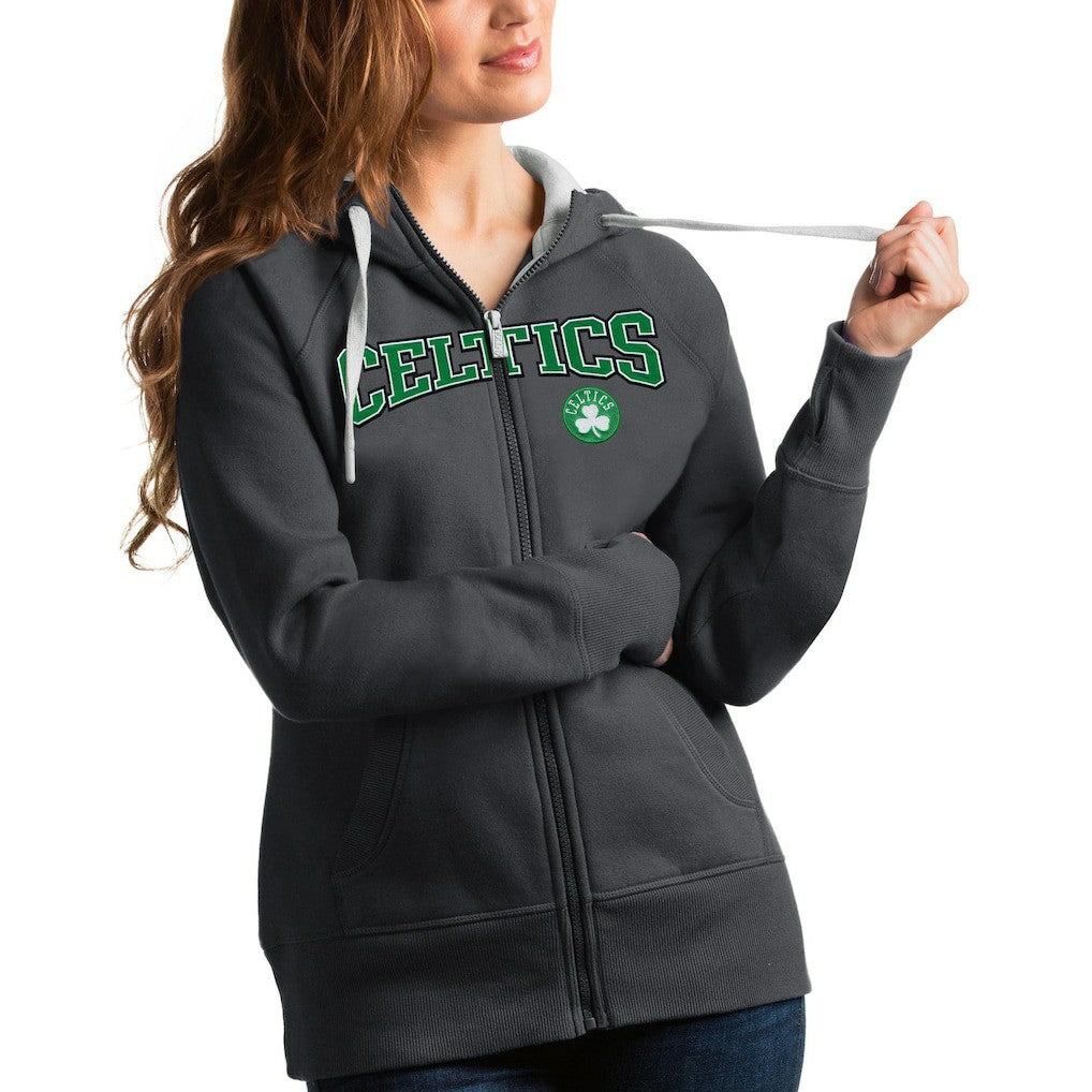 Charcoal Boston Celtics Antigua Women's Team Victory Full-Zip Hoodie | NBA
