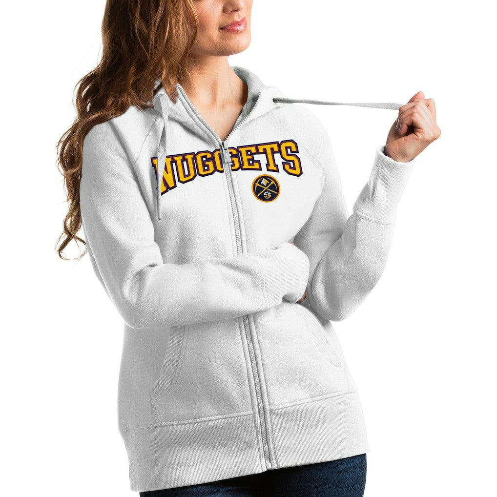White Denver Nuggets Antigua Women's Team Victory Full-Zip Hoodie sale | NBA