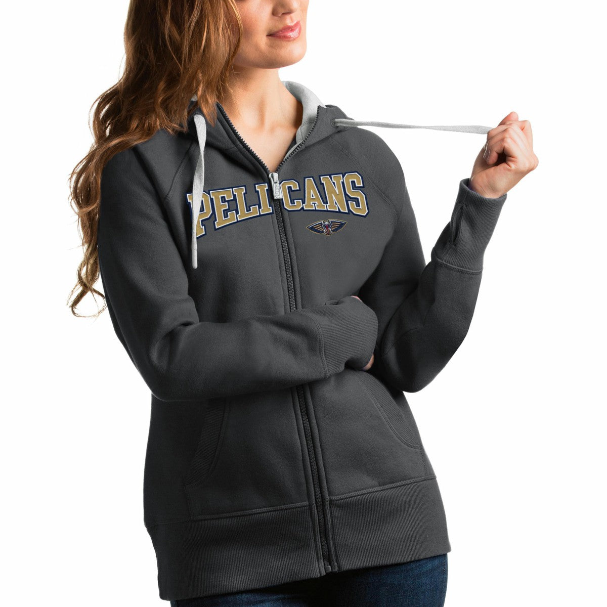 Charcoal New Orleans Pelicans Antigua Women's Team Victory Full-Zip Hoodie | NBA