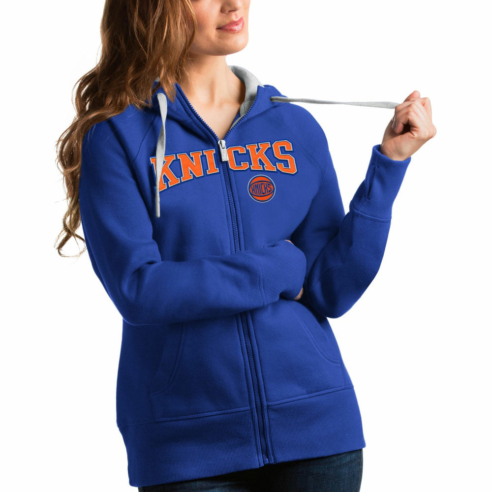 Royal New York Knicks Antigua Women's Team Victory Full-Zip Hoodie | NBA