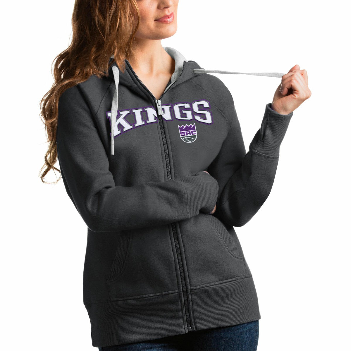 Charcoal Sacramento Kings Antigua Women's Team Victory Full-Zip Hoodie | NBA