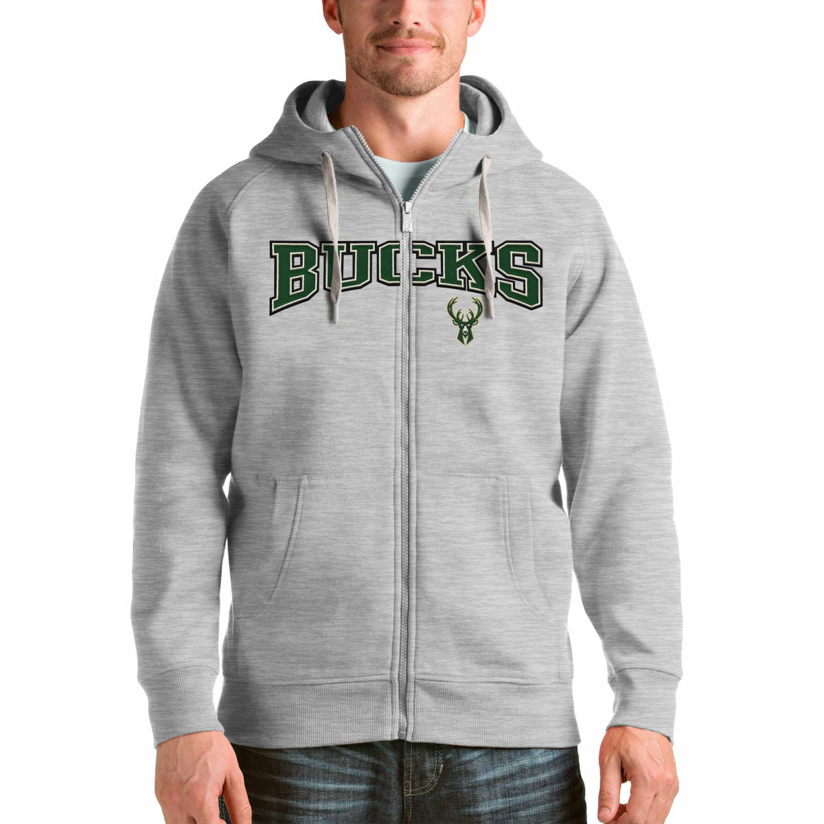 Heathered Gray Milwaukee Bucks Antigua Victory Full-Zip Hoodie | NBA