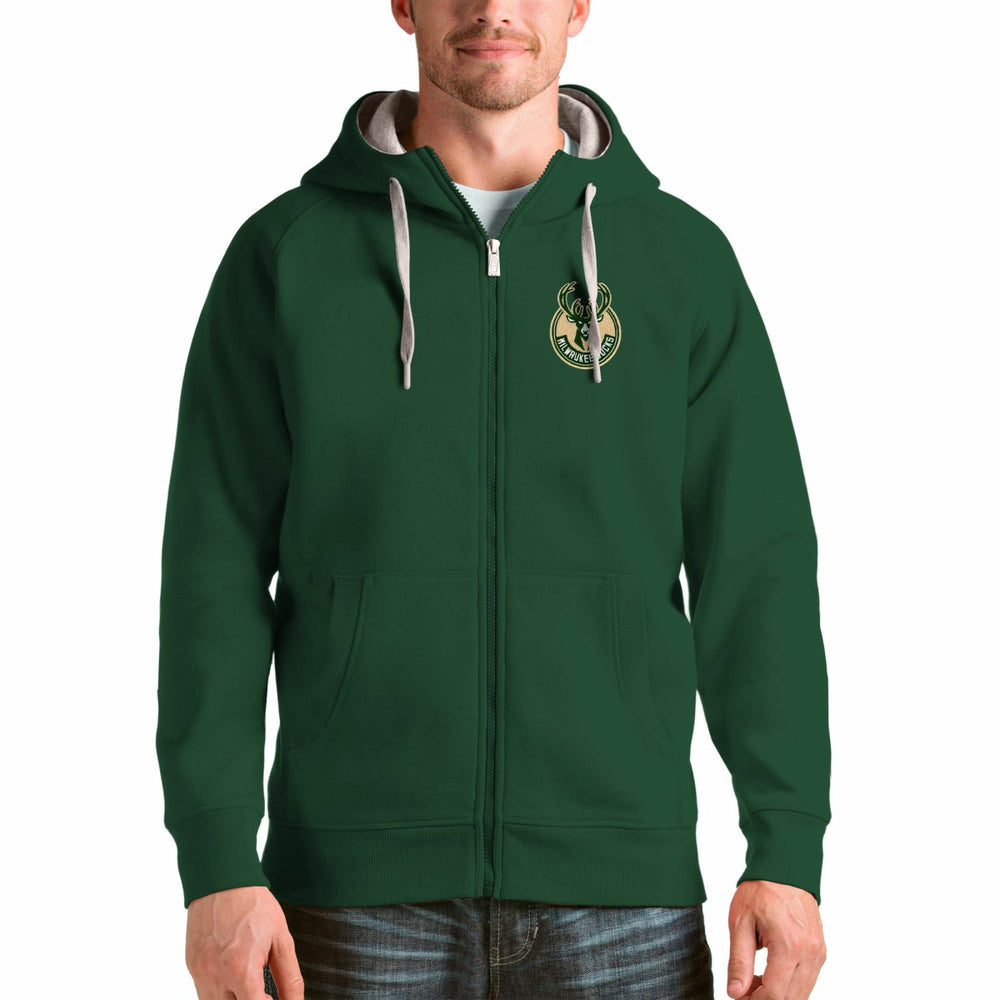 Hunter Green Milwaukee Bucks Antigua Logo Victory Full-Zip Hoodie | NBA