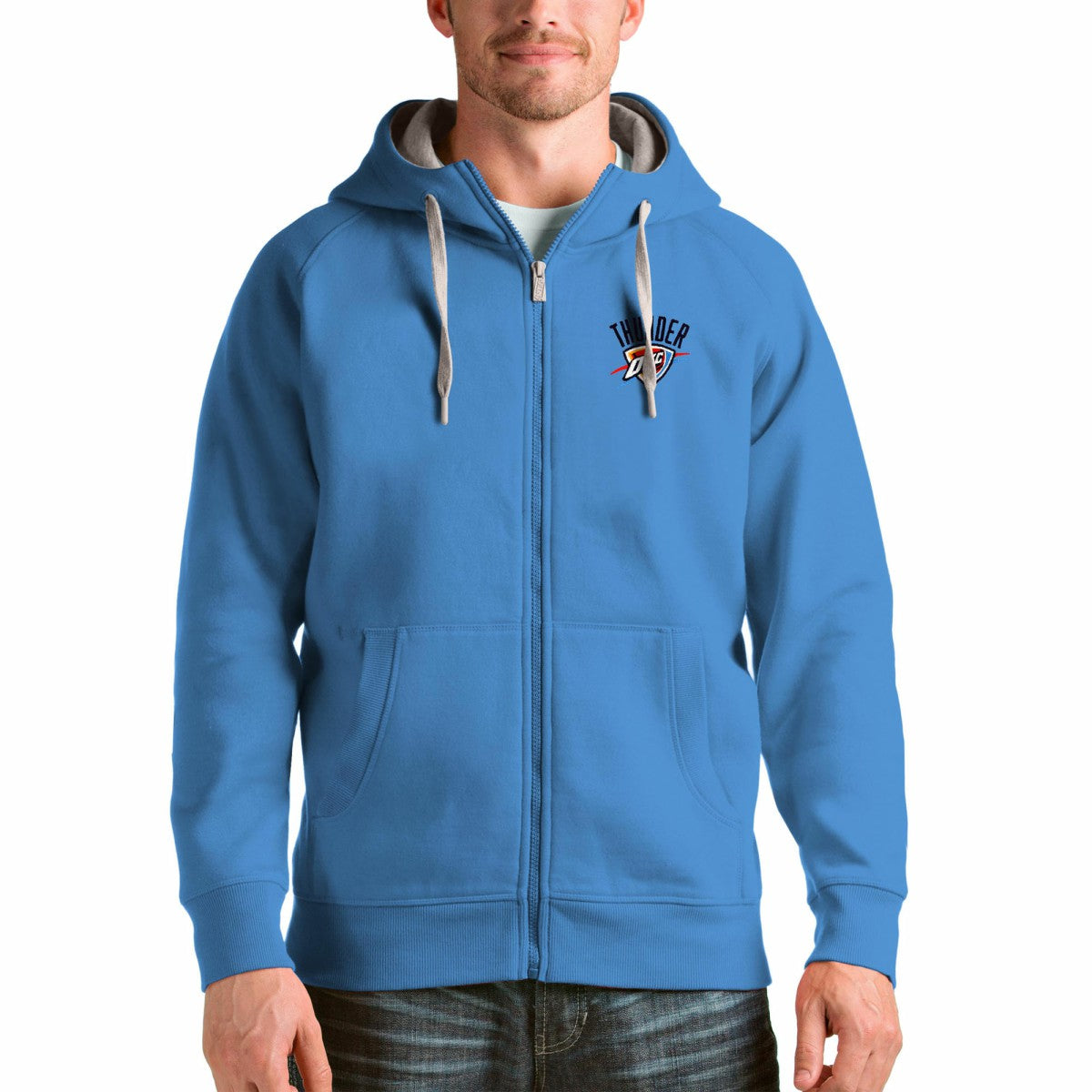 Light Blue Oklahoma City Thunder Antigua Logo Victory Full-Zip Hoodie | NBA