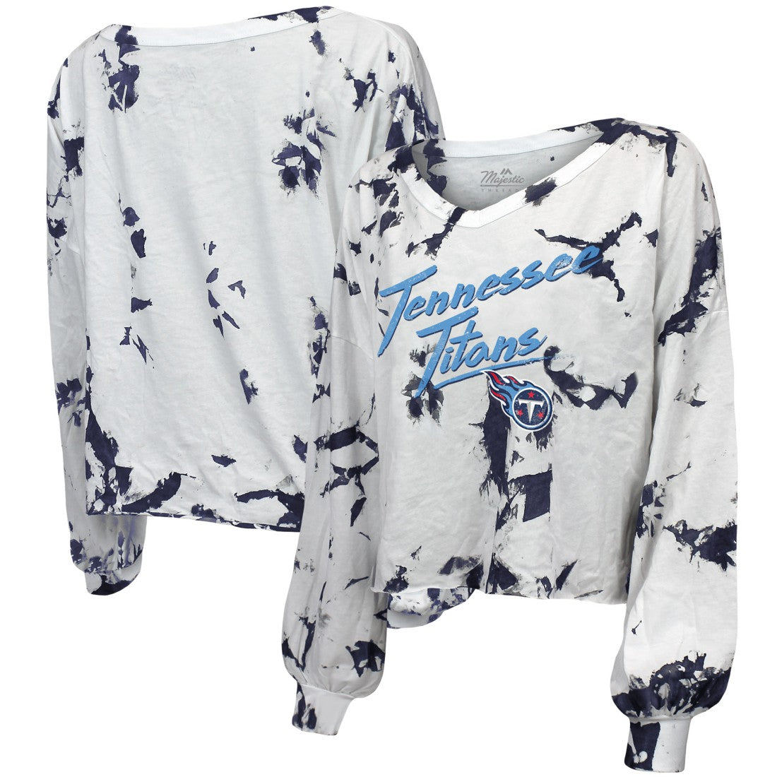 Tennessee Titans Majestic Threads Women's Off-Shoulder Tie-Dye V-Neck Long Sleeve T-Shirt | NFL Hot