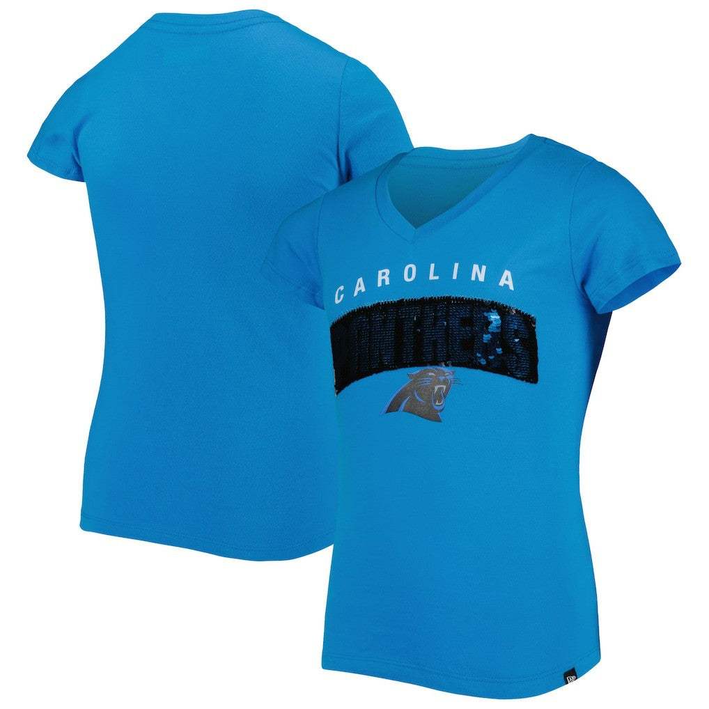 Carolina Panthers Girls Youth Reverse Sequin Wordmark V-Neck T-Shirt | NFL Outlet
