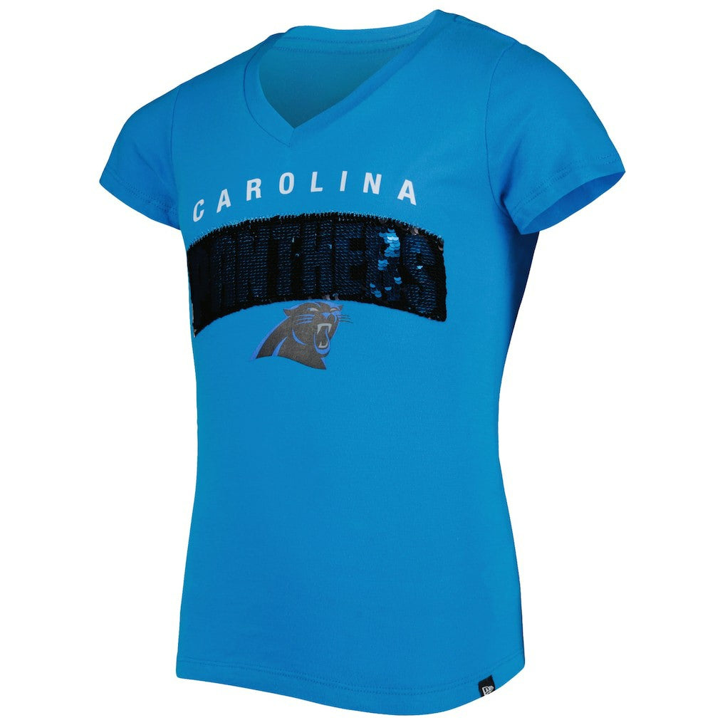 Carolina Panthers Girls Youth Reverse Sequin Wordmark V-Neck T-Shirt | NFL Outlet
