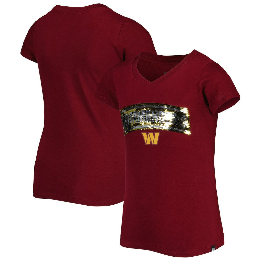 Washington Commanders Girls Youth Reverse Sequin Wordmark V-Neck T-Shirt | NFL New