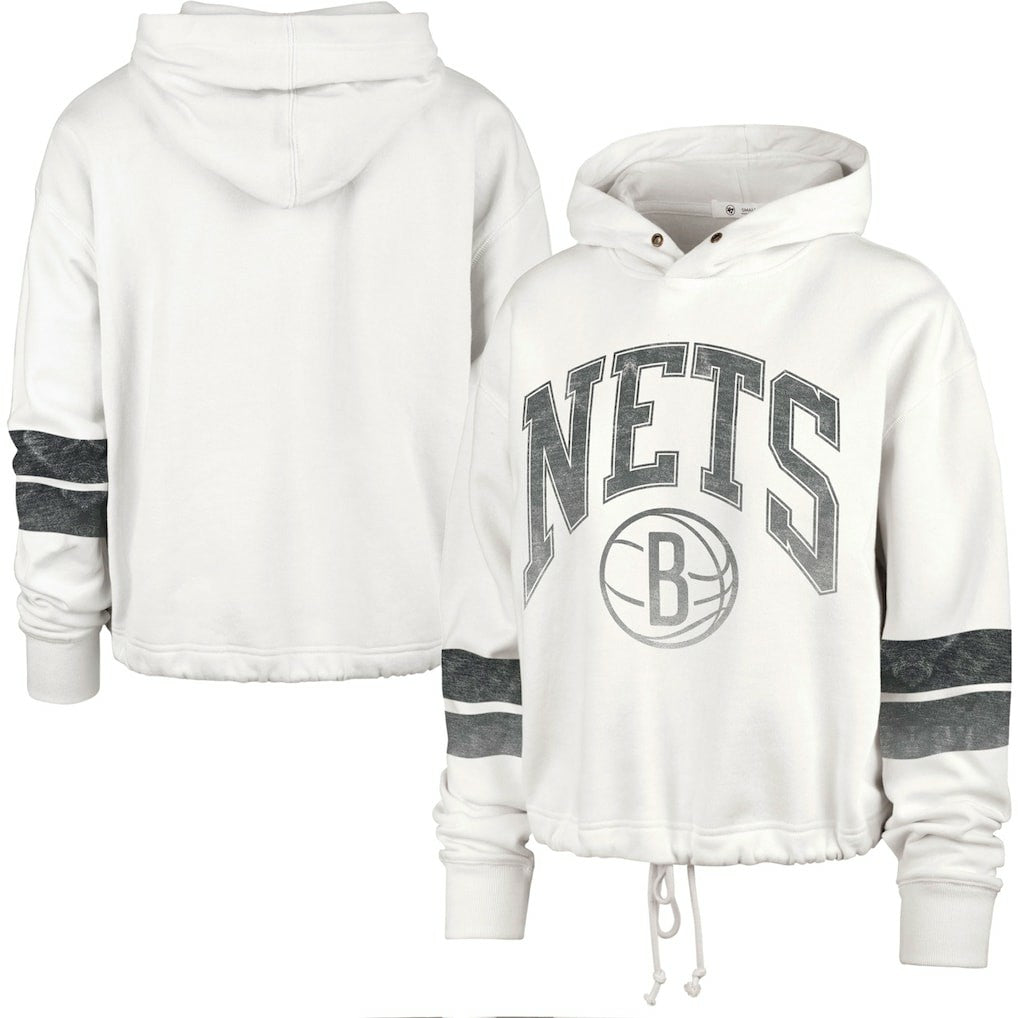 Cream Brooklyn Nets '47 Women's Emerson Stripe Cropped Pullover Hoodie | NBA