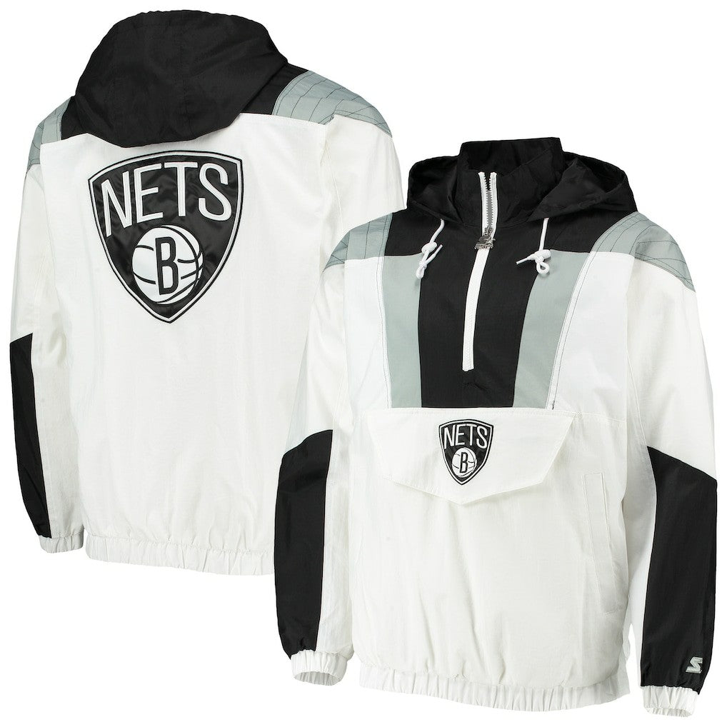 White Brooklyn Nets Starter Striker Crinkle Half-Zip Hoodie Jacket | NBA