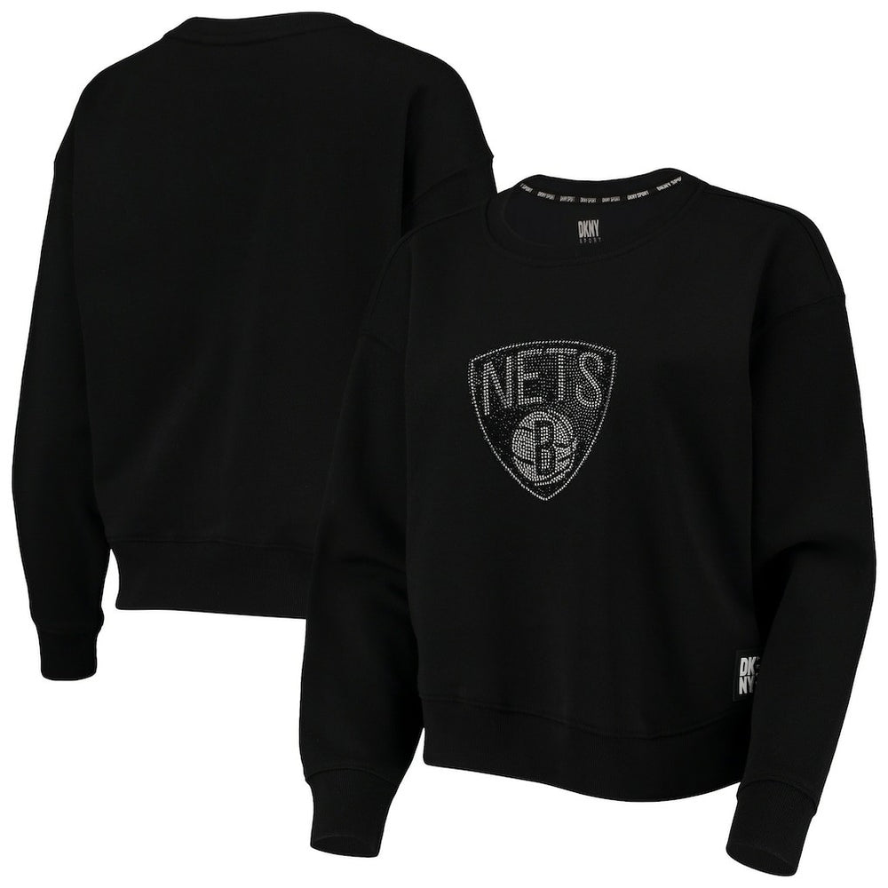 Black Brooklyn Nets DKNY Sport Women's Carrie Rhinestone Pullover Sweatshirt | NBA