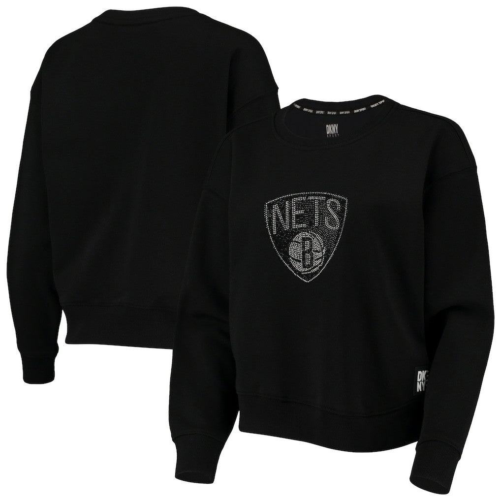 Black Brooklyn Nets DKNY Sport Women's Carrie Rhinestone Pullover Sweatshirt | NBA