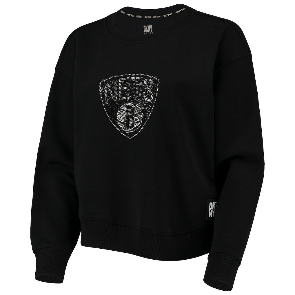 Black Brooklyn Nets DKNY Sport Women's Carrie Rhinestone Pullover Sweatshirt | NBA