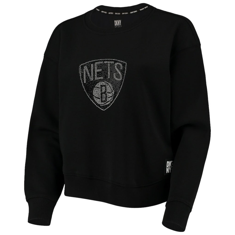 Black Brooklyn Nets DKNY Sport Women's Carrie Rhinestone Pullover Sweatshirt | NBA