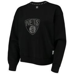 Black Brooklyn Nets DKNY Sport Women's Carrie Rhinestone Pullover Sweatshirt | NBA