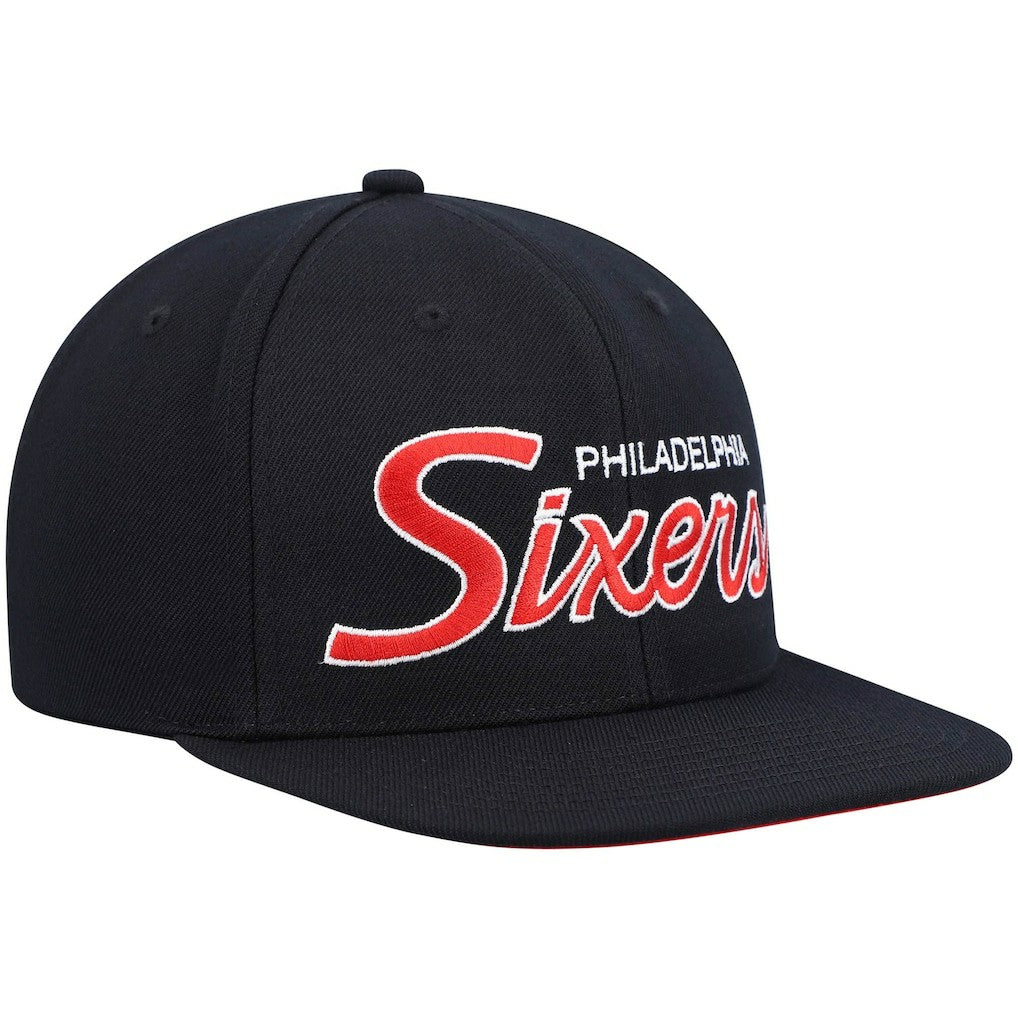 Black Philadelphia 76ers Hardwood Classics Script 2.0 Snapback Hat | NBA